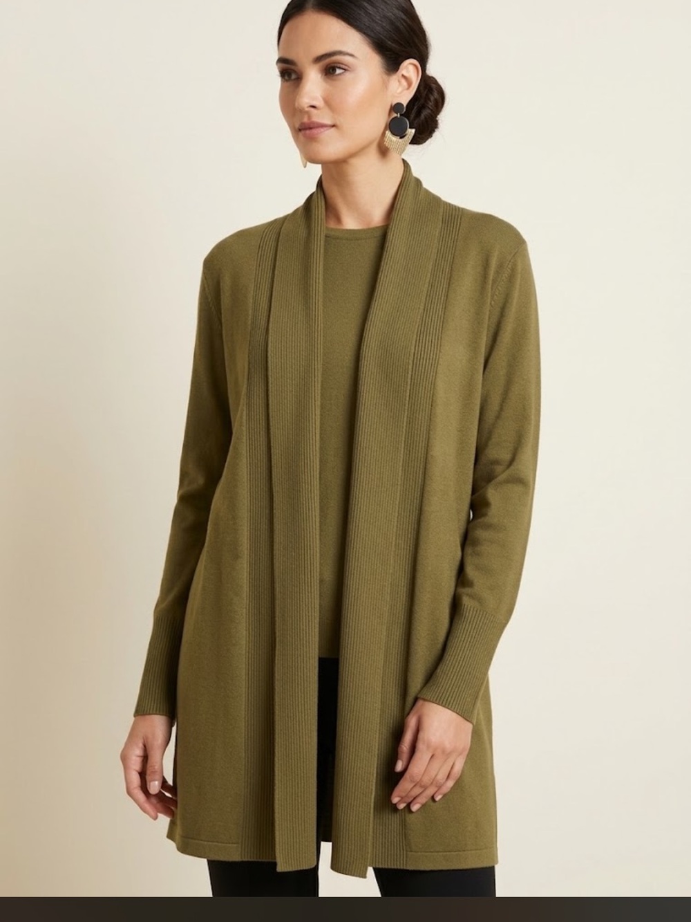Magaschoni Olive Green Long Open-Front Cardigan